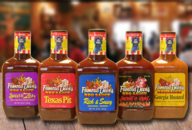 A line of five of Famous Dave's BBQ sauces